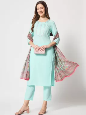 Odette Women Stylish Light Blue Cotton Embroidered Stitched Kurta Set