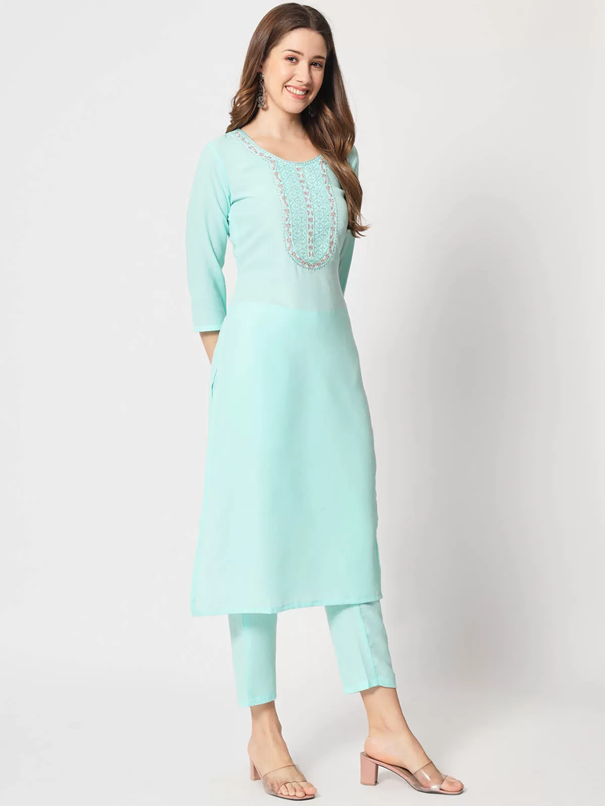 Odette Women Stylish Light Blue Cotton Embroidered Stitched Kurta Set