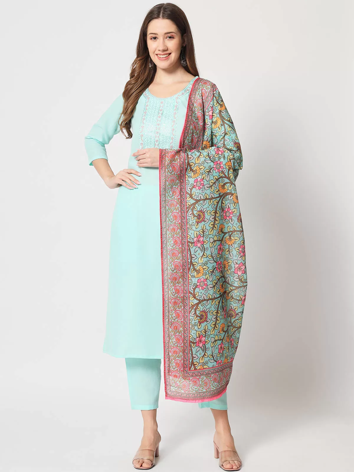 Odette Women Stylish Light Blue Cotton Embroidered Stitched Kurta Set