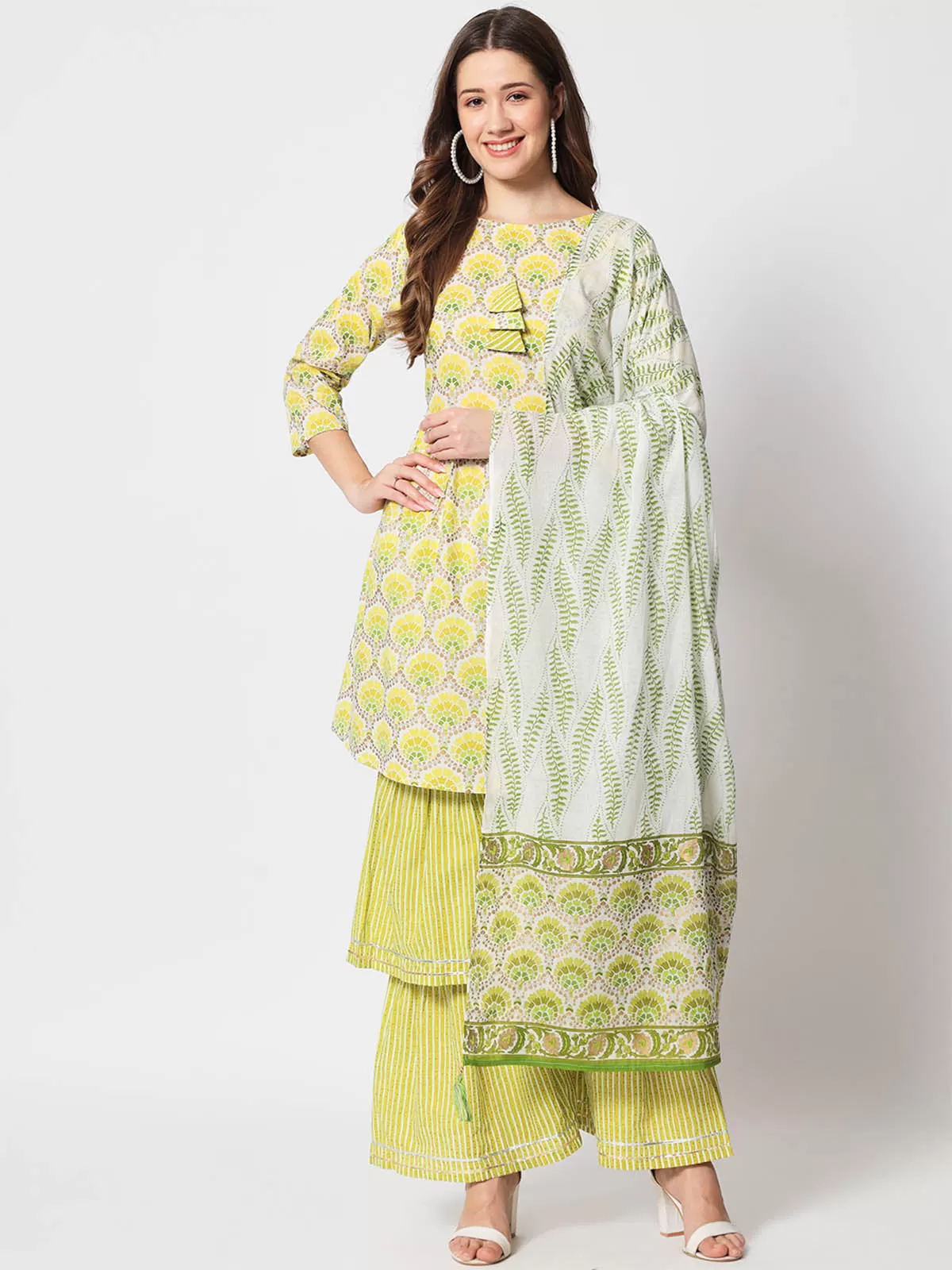 Odette Women Stylish Lime Green Cotton Printed Stitched Kurta Set