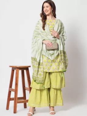 Odette Women Stylish Lime Green Cotton Printed Stitched Kurta Set