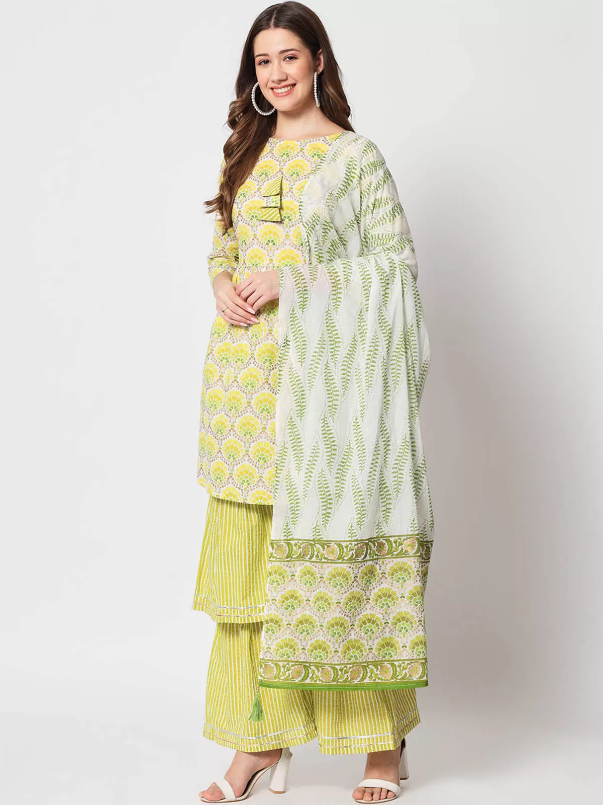 Odette Women Stylish Lime Green Cotton Printed Stitched Kurta Set