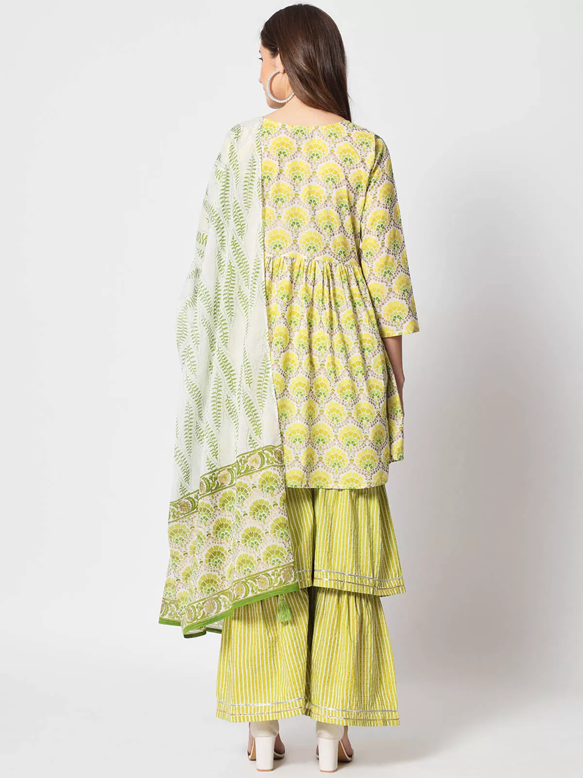 Odette Women Stylish Lime Green Cotton Printed Stitched Kurta Set