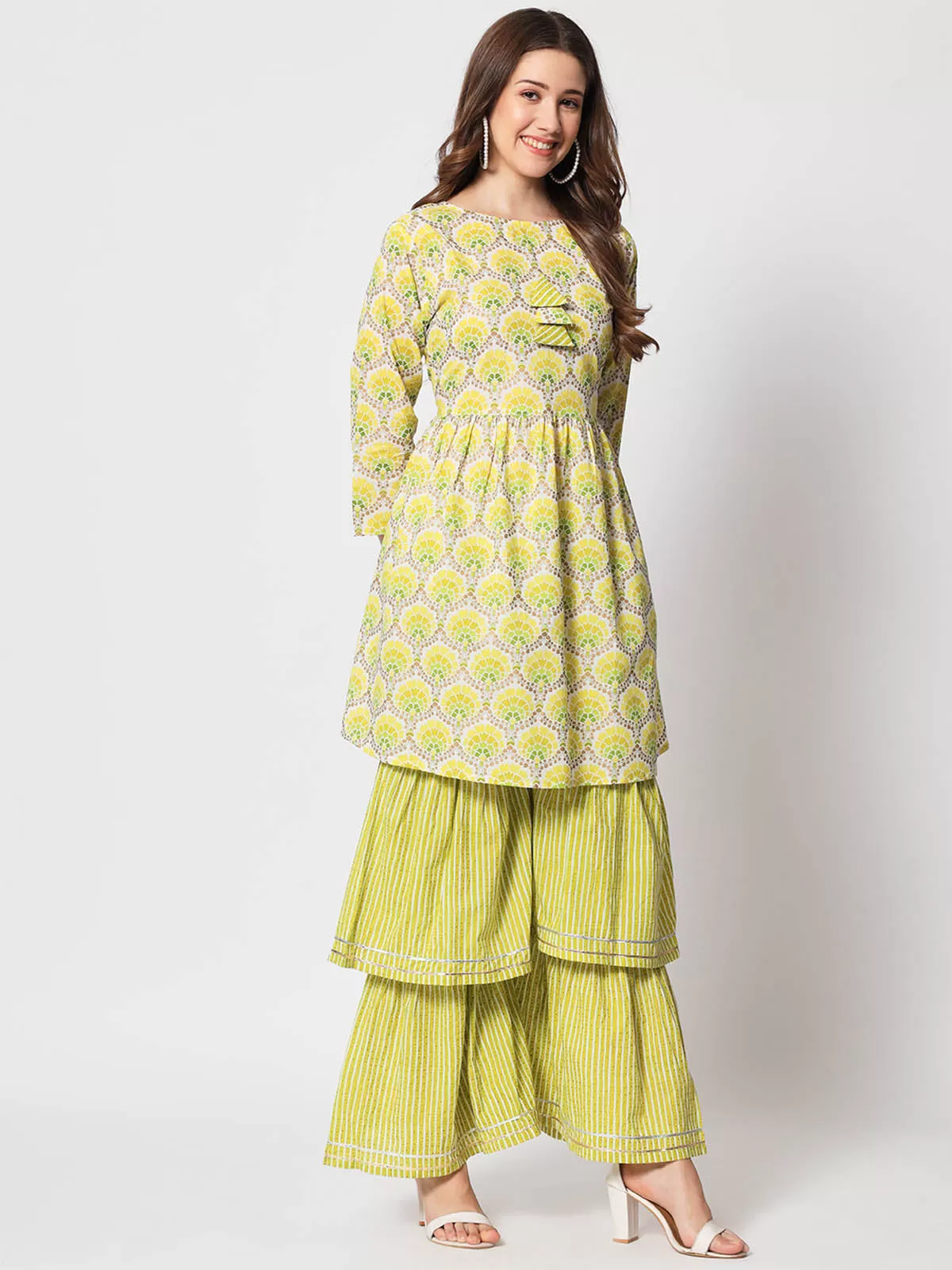 Odette Women Stylish Lime Green Cotton Printed Stitched Kurta Set