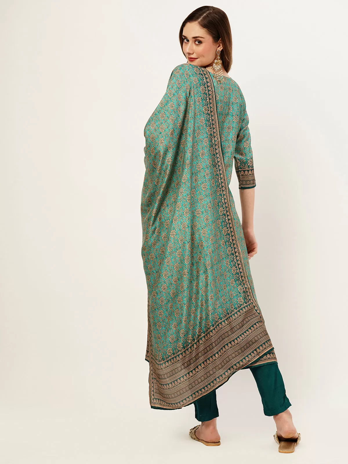 Odette Women Teal Printed Silk Stitched Kurta Set