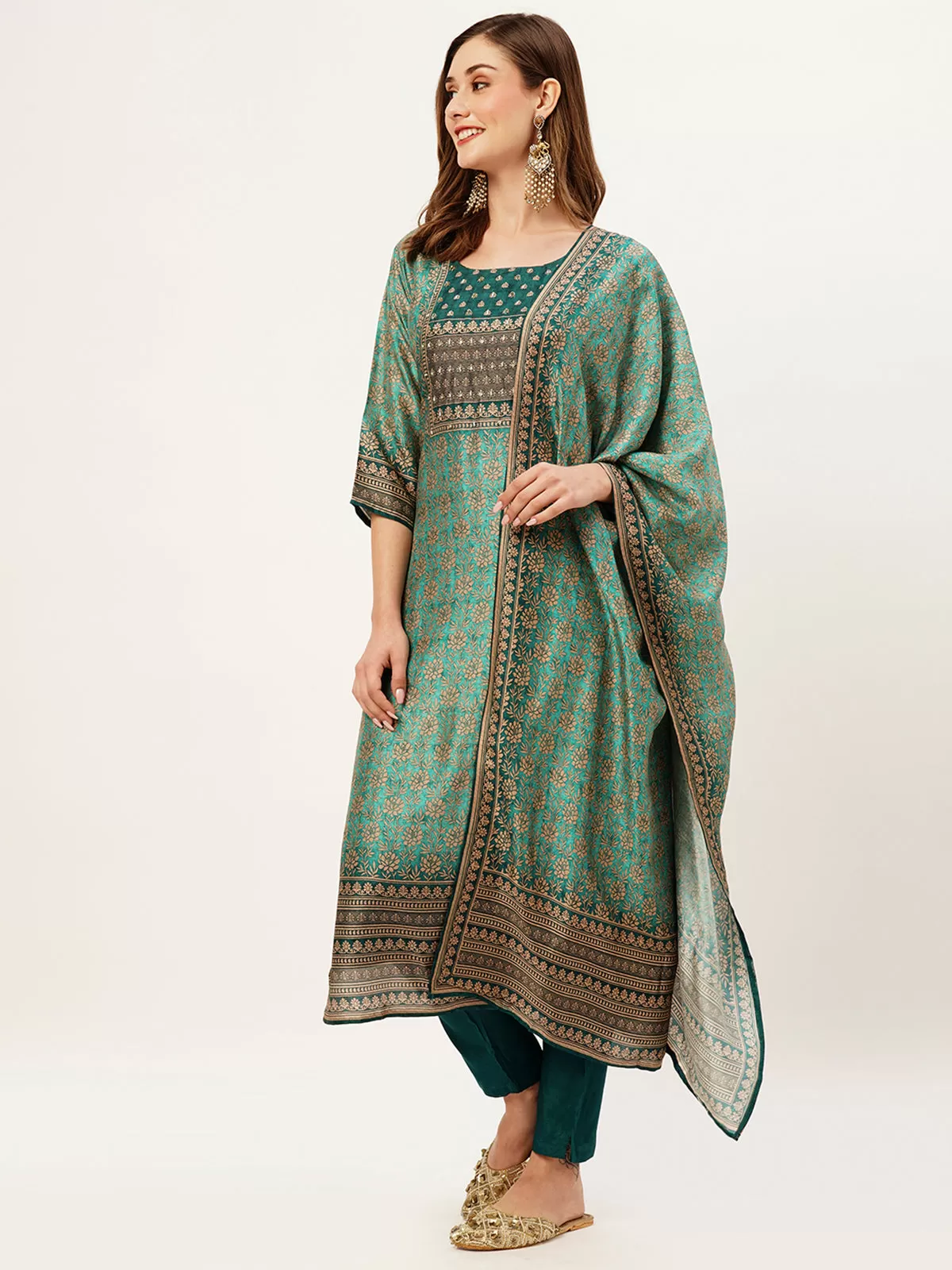 Odette Women Teal Printed Silk Stitched Kurta Set