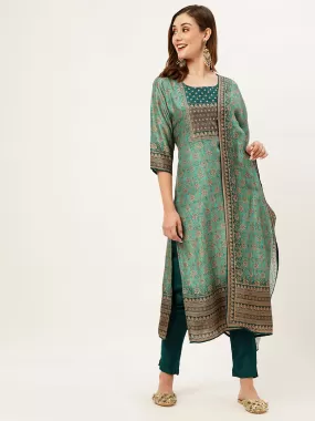 Odette Women Teal Printed Silk Stitched Kurta Set