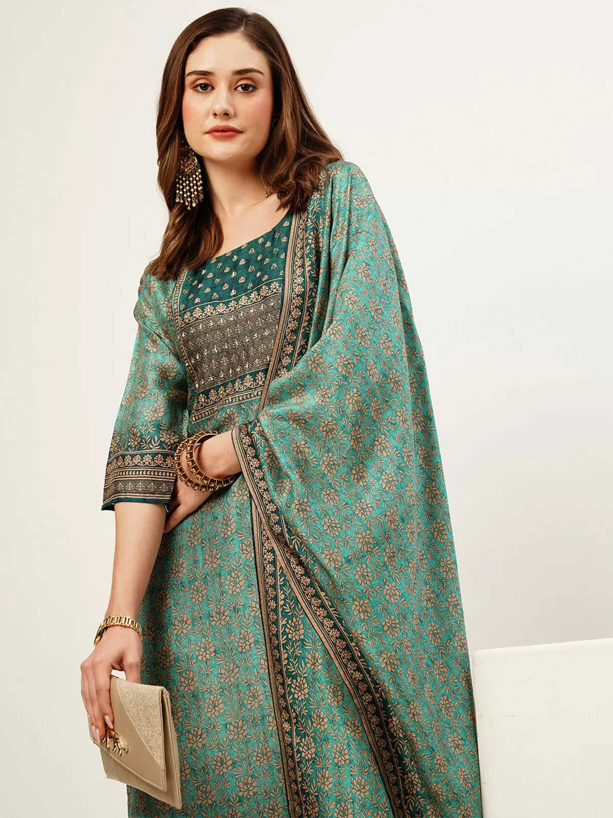 Odette Women Teal Printed Silk Stitched Kurta Set