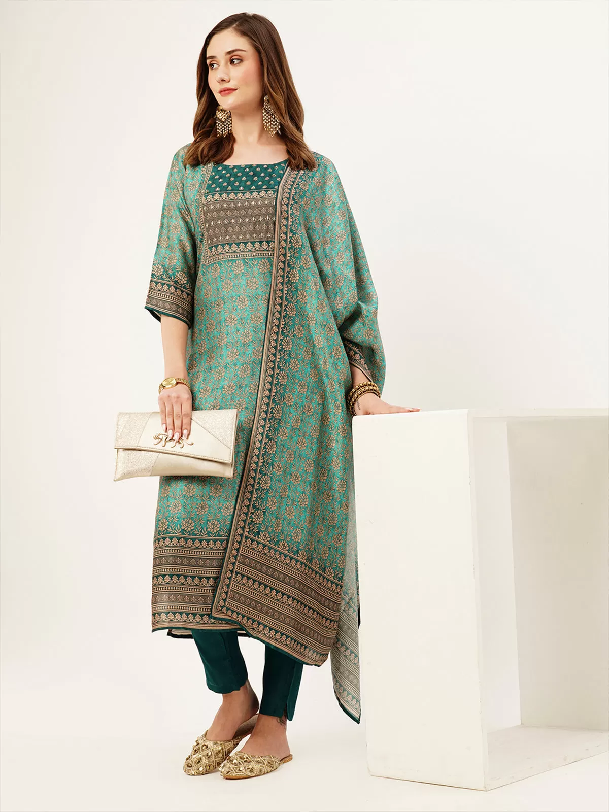 Odette Women Teal Printed Silk Stitched Kurta Set