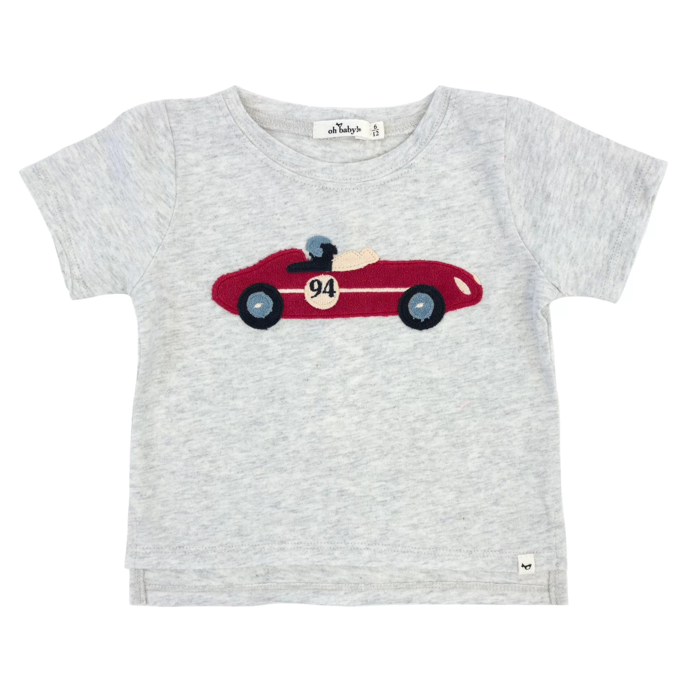 oh baby! Raw Edge Short Sleeve Cotton Slub Tee - Racecar Applique - Heather Gray