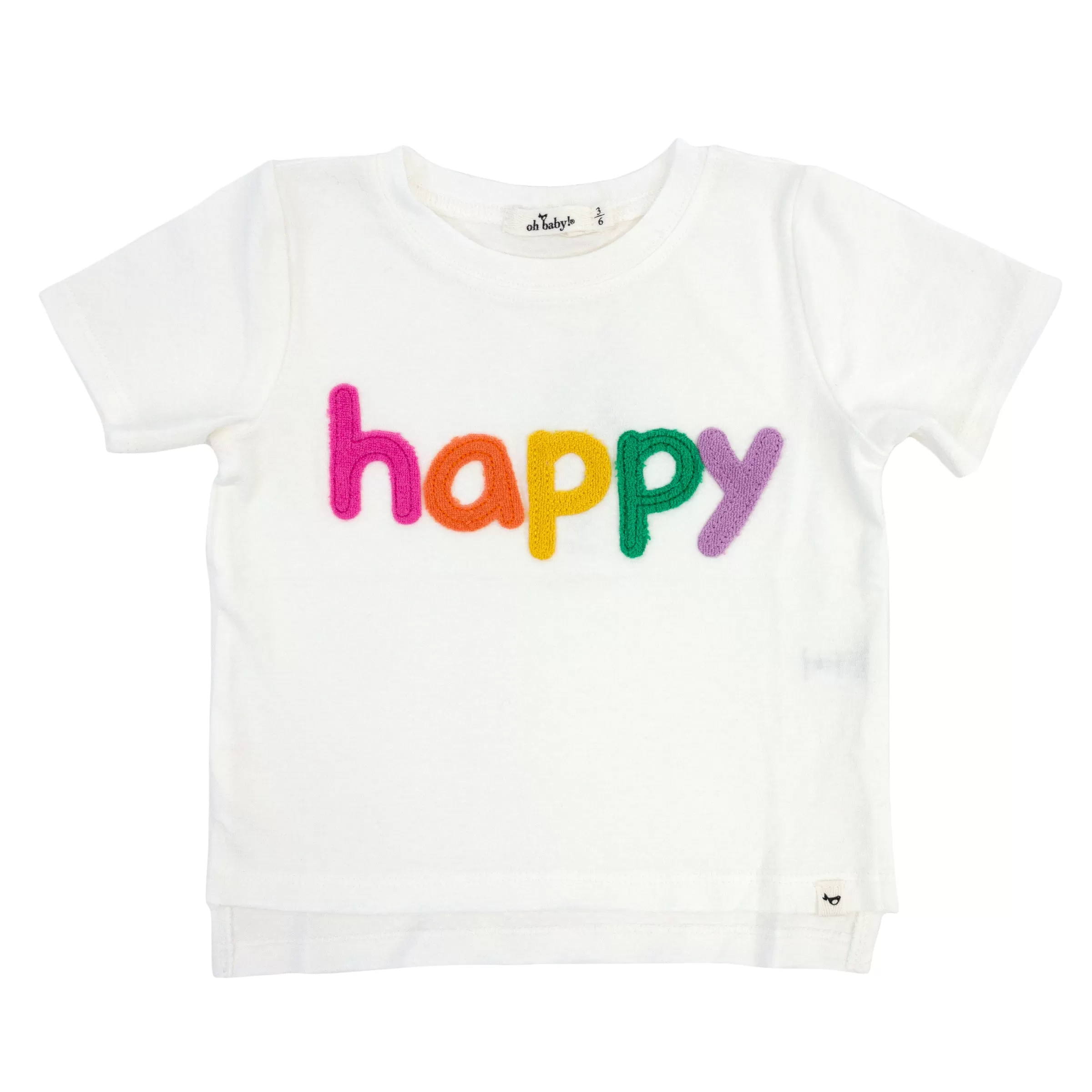 oh baby! Raw Edge Short Sleeve Cotton Slub Tee - Rainbow happy Applique - Oyster