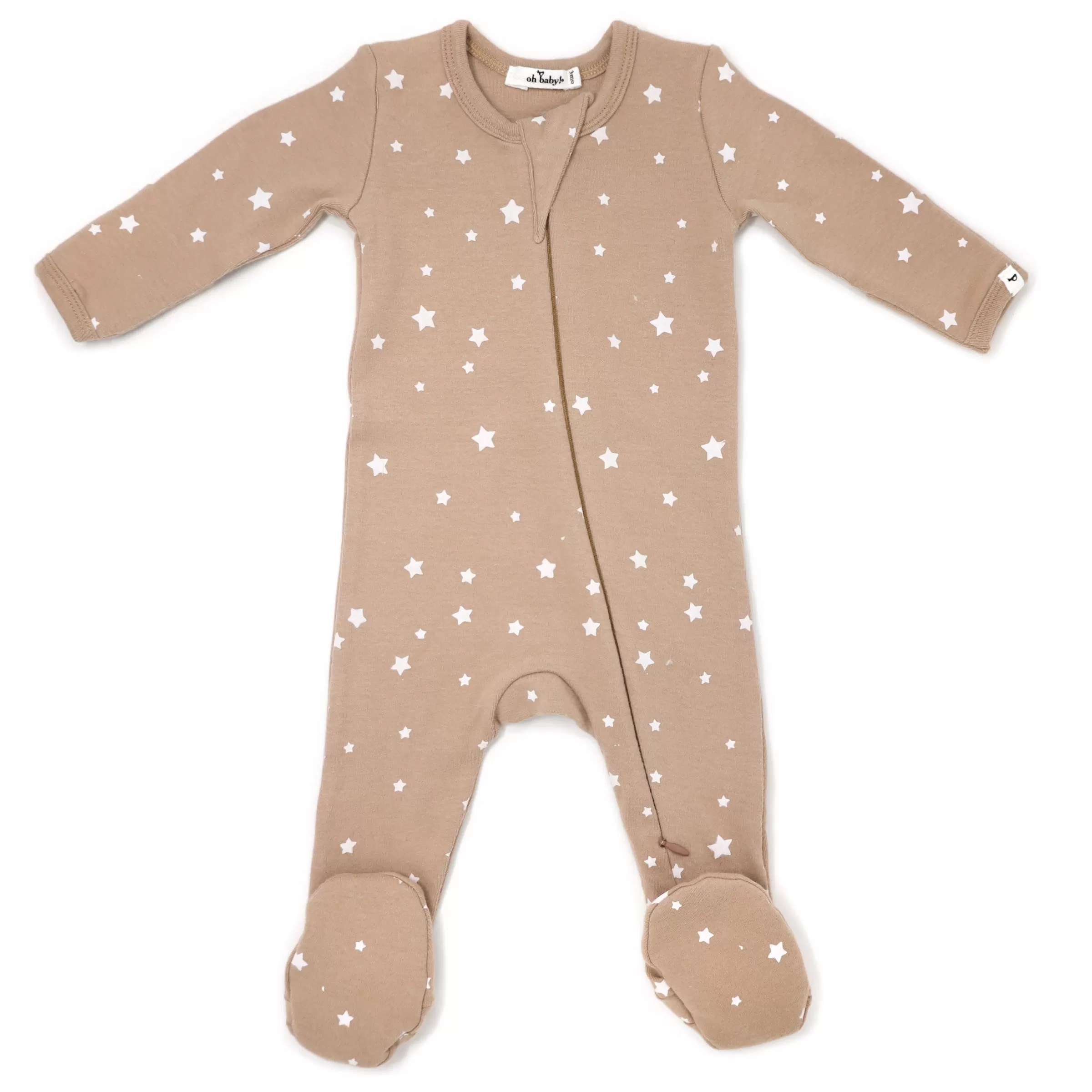 oh baby! Zipper Footie Baby Rib - Mini Stars White - Latte