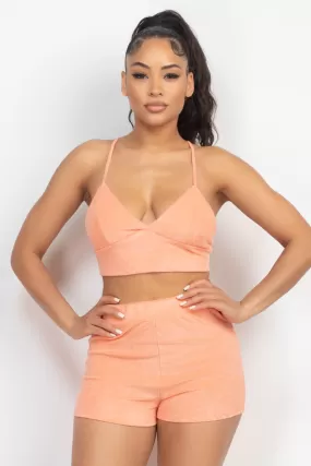 Orange Terry Towel Bralette Top & Mini Shorts Set