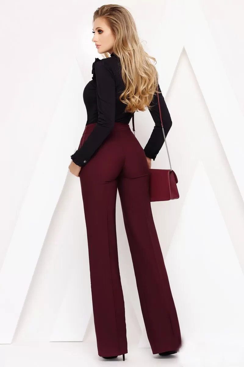 Pantaloni eleganti prugna bordeaux Fofy a vita alta e gamba larga con tasche laterali