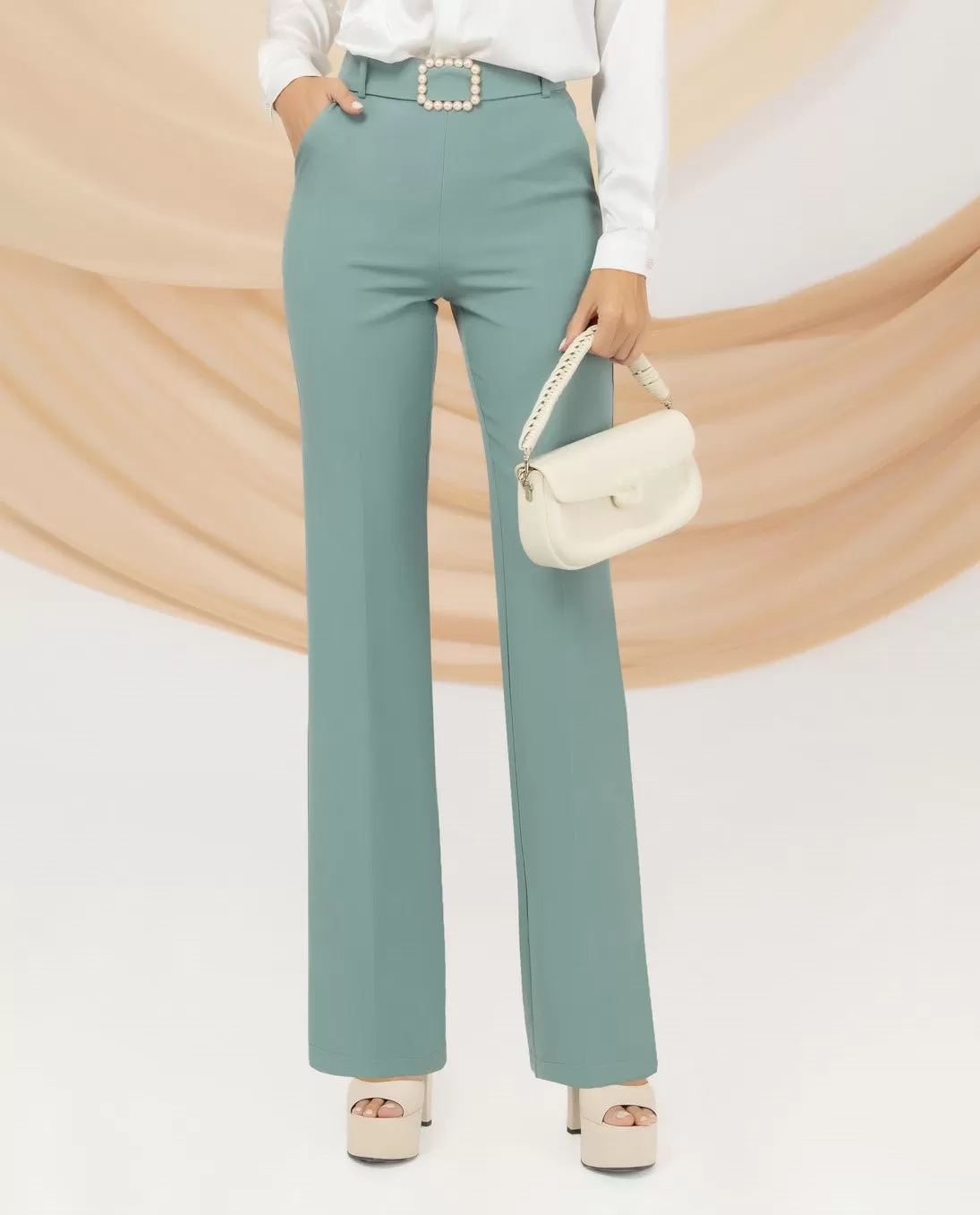 Pantaloni eleganti verde menta a gamba larga Pretty Girl con cintura rimovibile accessoriata con fibbia in perle