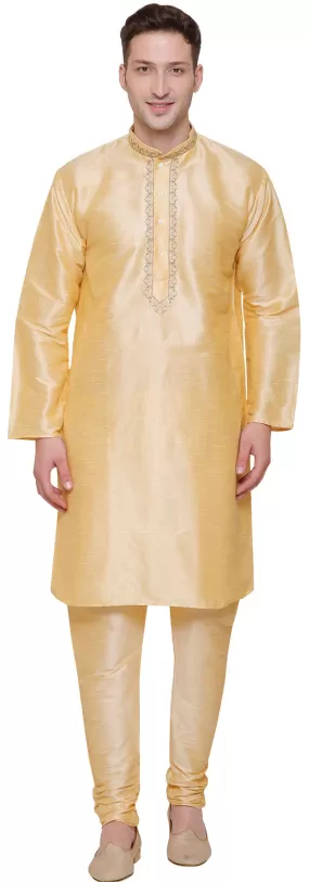 Party Wear Dupion Silk Mens Kurta Pajama India Clothing (Golden)