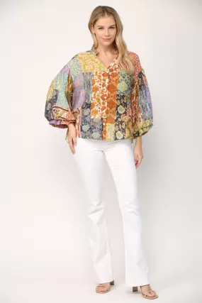 Patchwork Mixed Print Bubble Sleeve Blouse