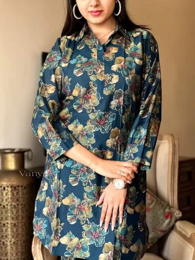 Peacock Blue Muslin Silk Foil Printed 2Pc Co-Ord set