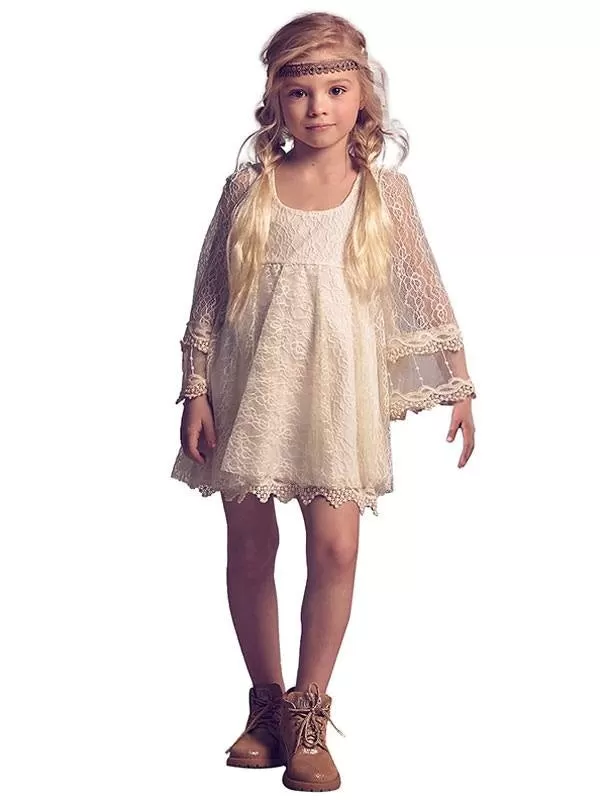 Pink Lace Flower Girl Dresses Long Sleeves Short A-Line Lace Kids Party Dresses