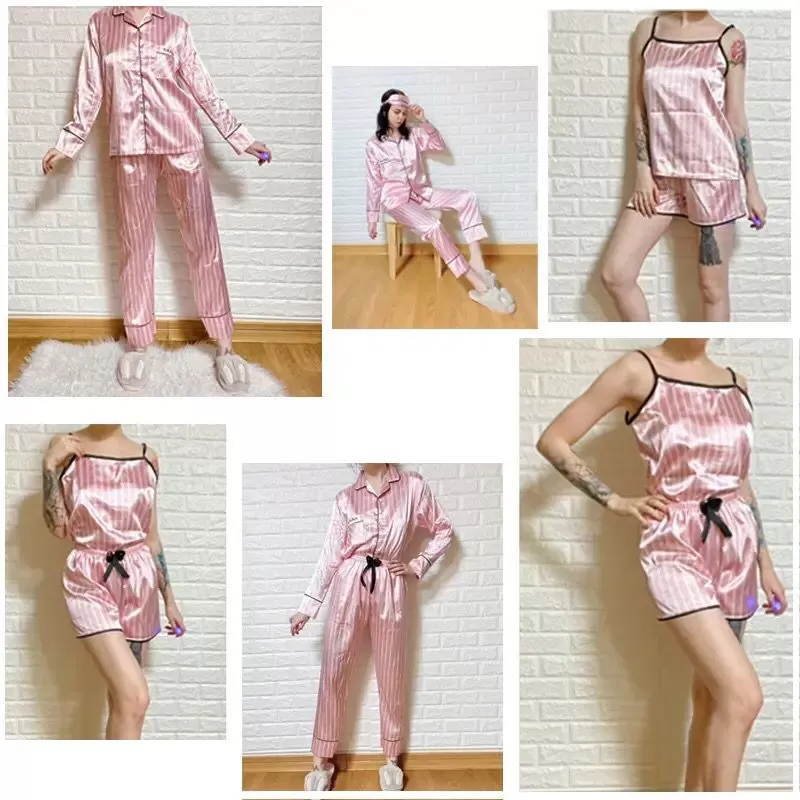 Pink Women's 7 Pieces Pajamas Sets Faux Silk Striped Pyjama Women Sleepwear Spring Summer Autumn Homewear Lounge Home Clothes S3227381