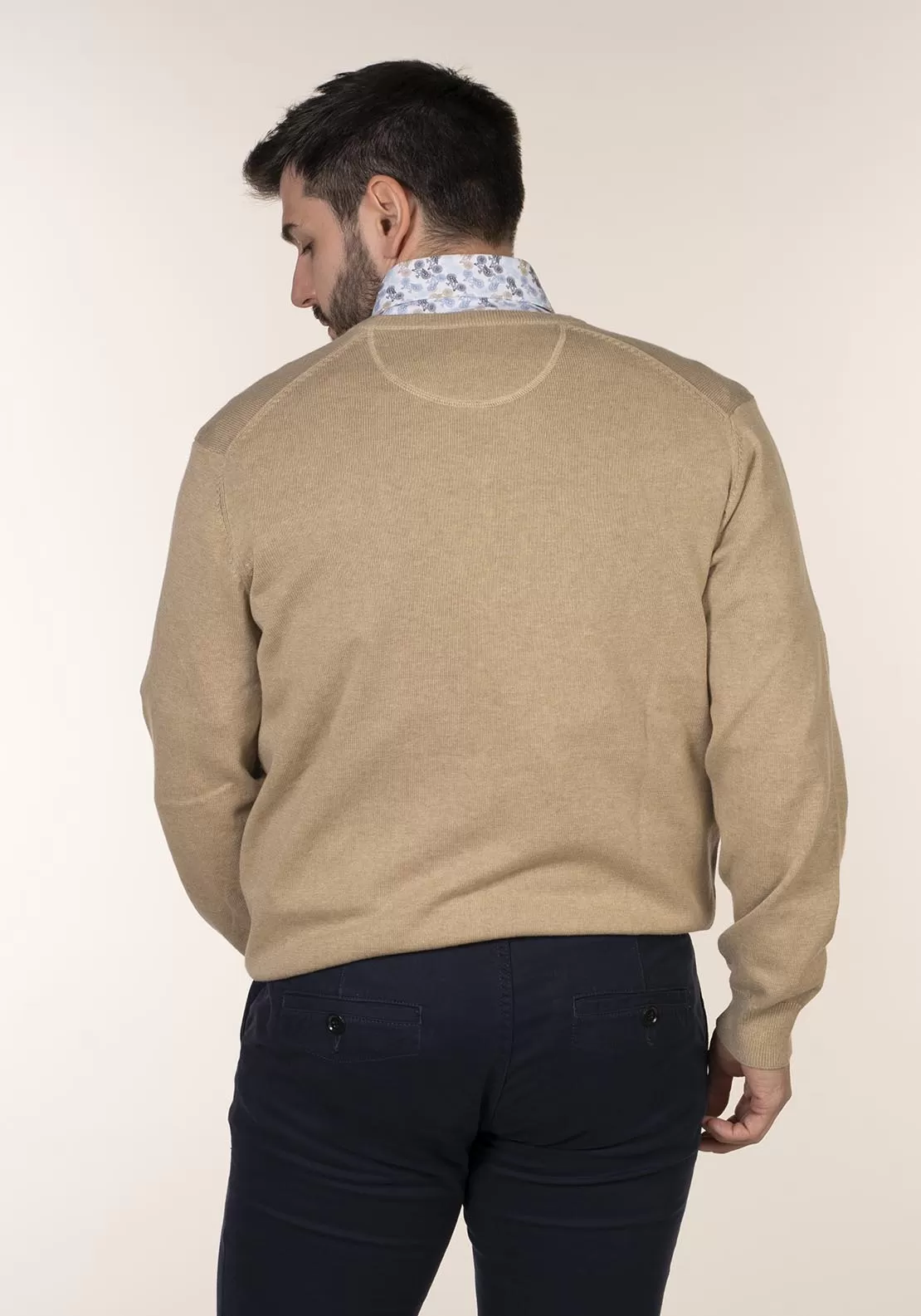 Plain Cotton V Neck Sweaters - Beige