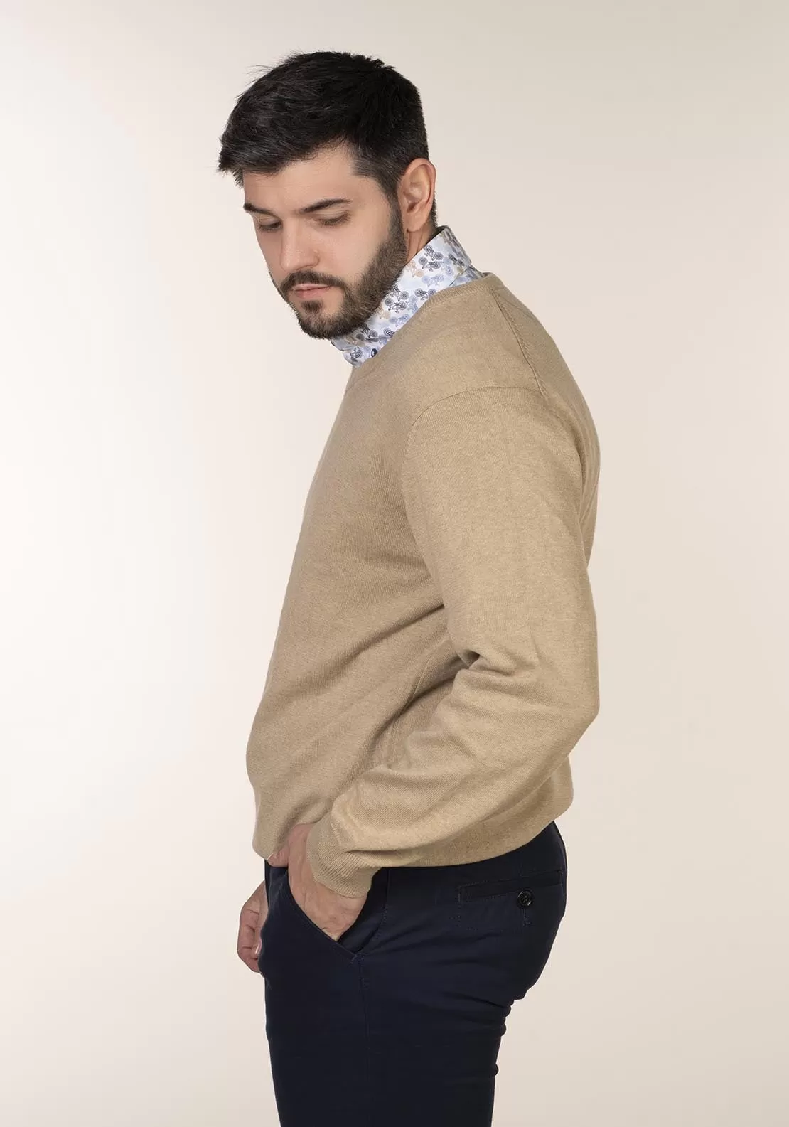 Plain Cotton V Neck Sweaters - Beige