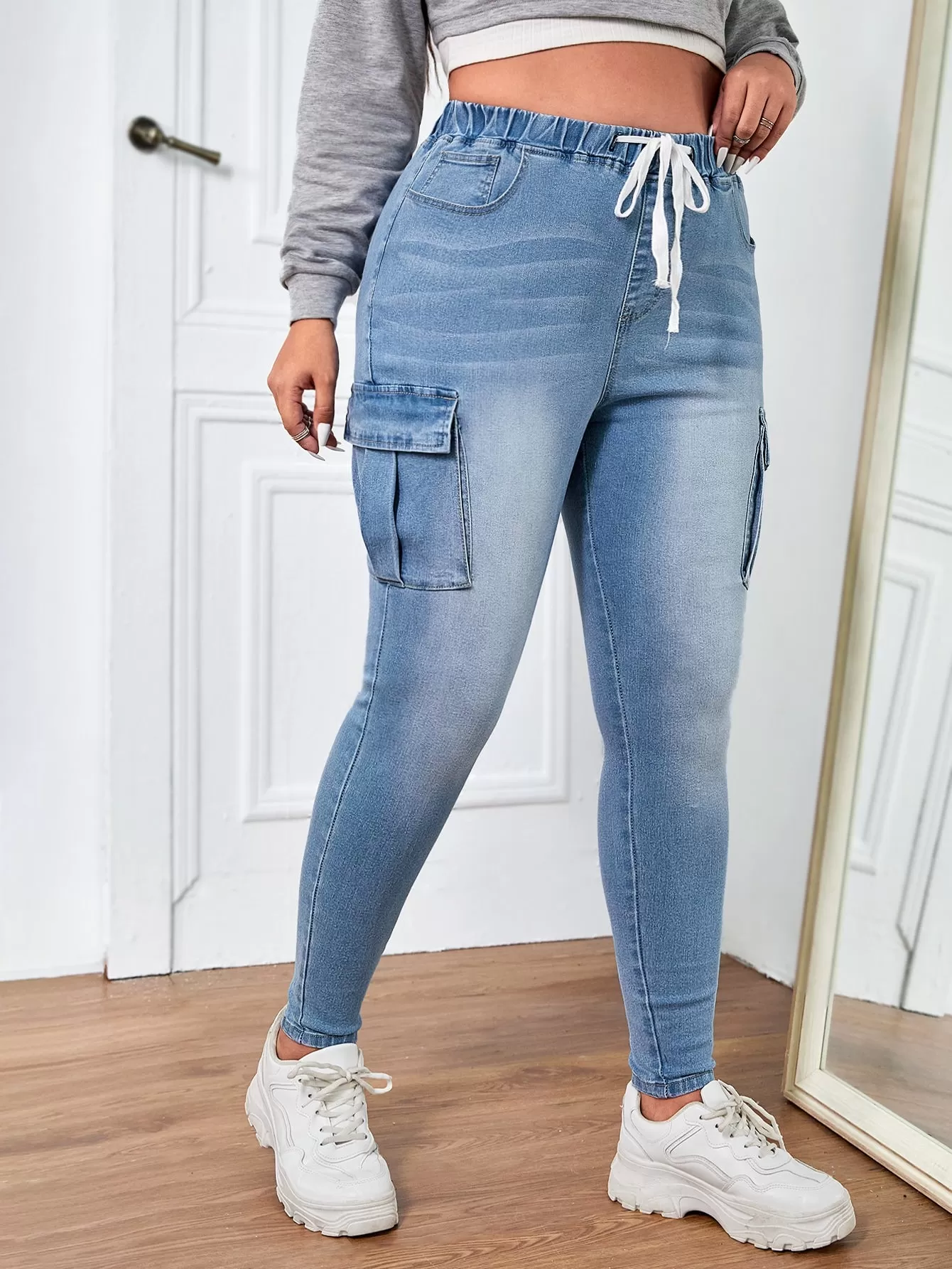 Plus Drawstring Waist Flap Pocket Cargo Jeans