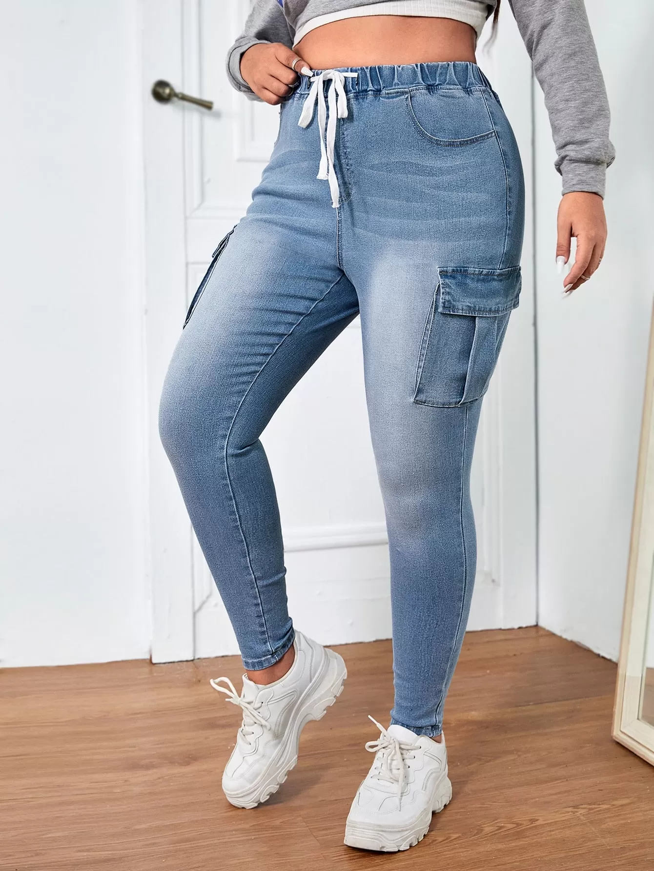 Plus Drawstring Waist Flap Pocket Cargo Jeans