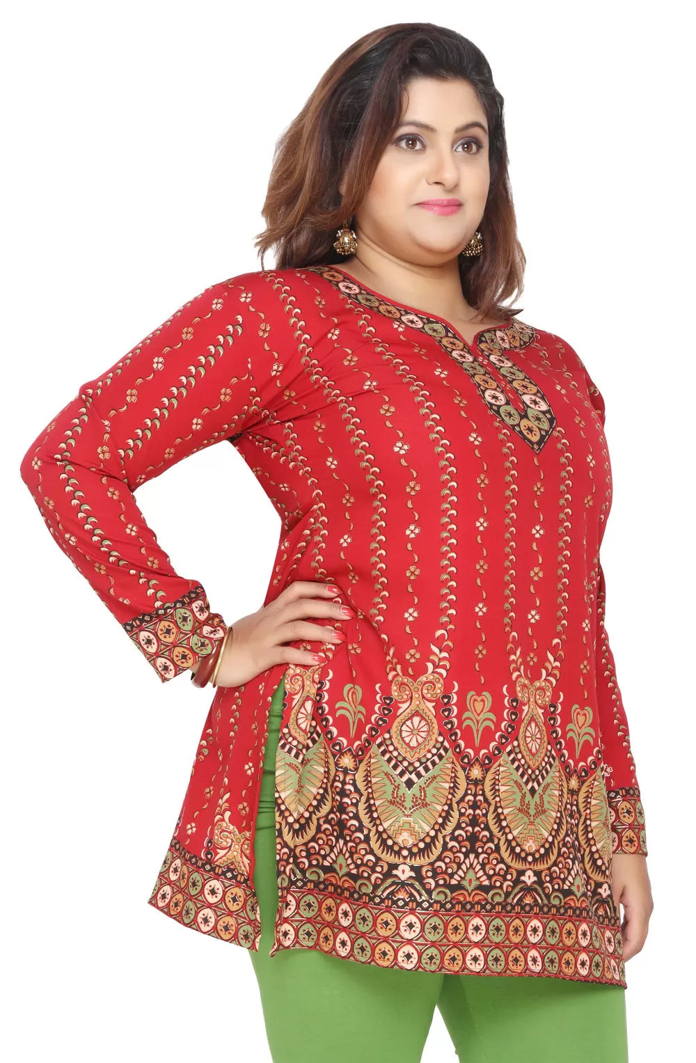 Plus Size Womens Indian Tunics Kurti Top Printed  Apparel (Maroon)