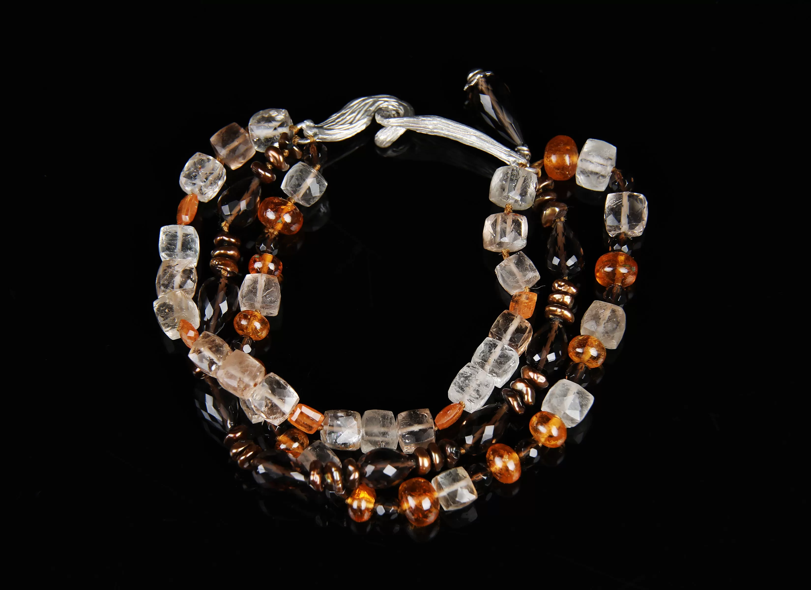 Precious Topaz, Mandarin Garnet, Keshi Pearl, and Silver Bracelet