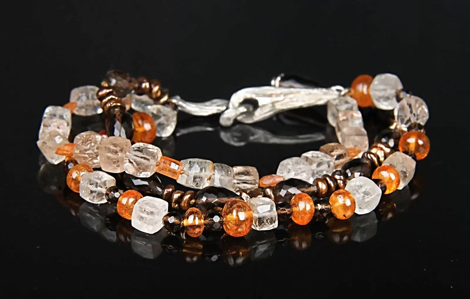 Precious Topaz, Mandarin Garnet, Keshi Pearl, and Silver Bracelet