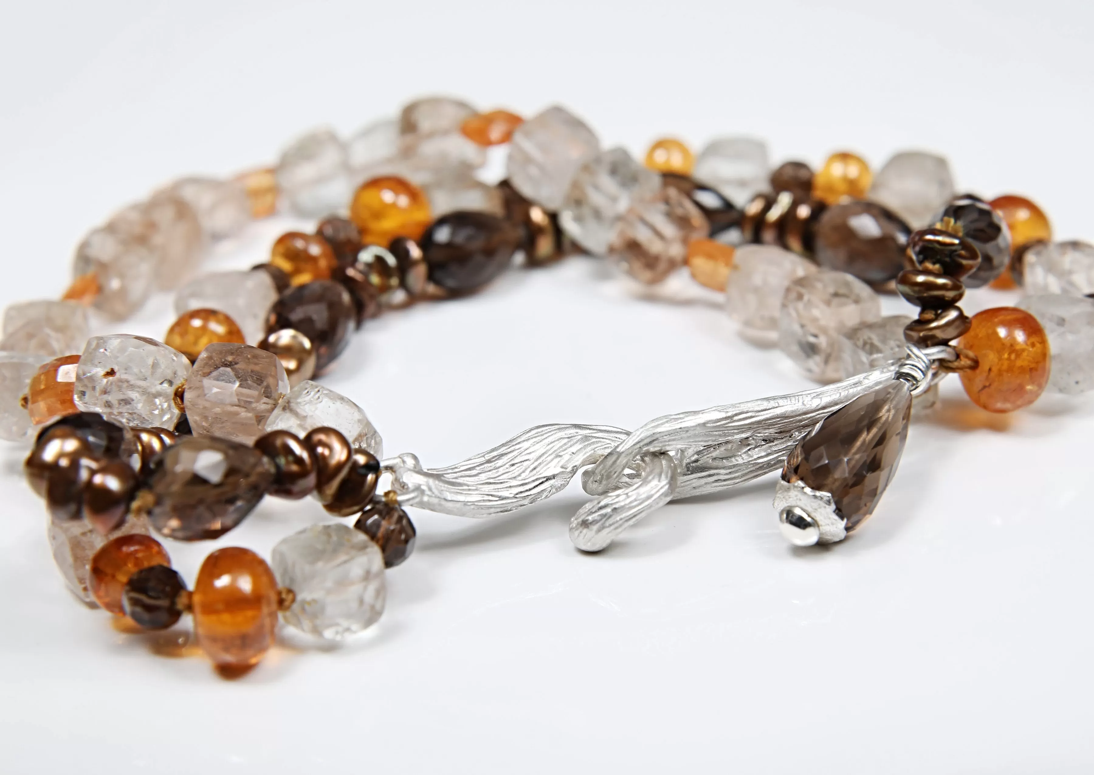 Precious Topaz, Mandarin Garnet, Keshi Pearl, and Silver Bracelet