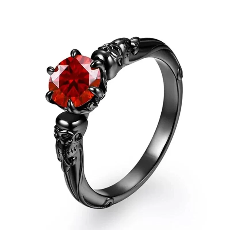 Red Moissanite 925 Sterling Sliver Black Skull Ring