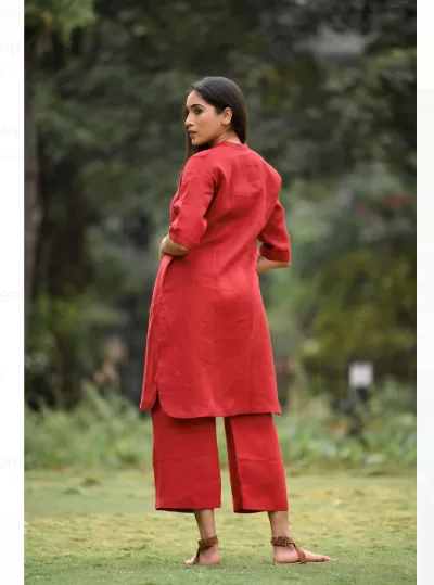 Red Plain Cotton Kurta Pant Set for Women