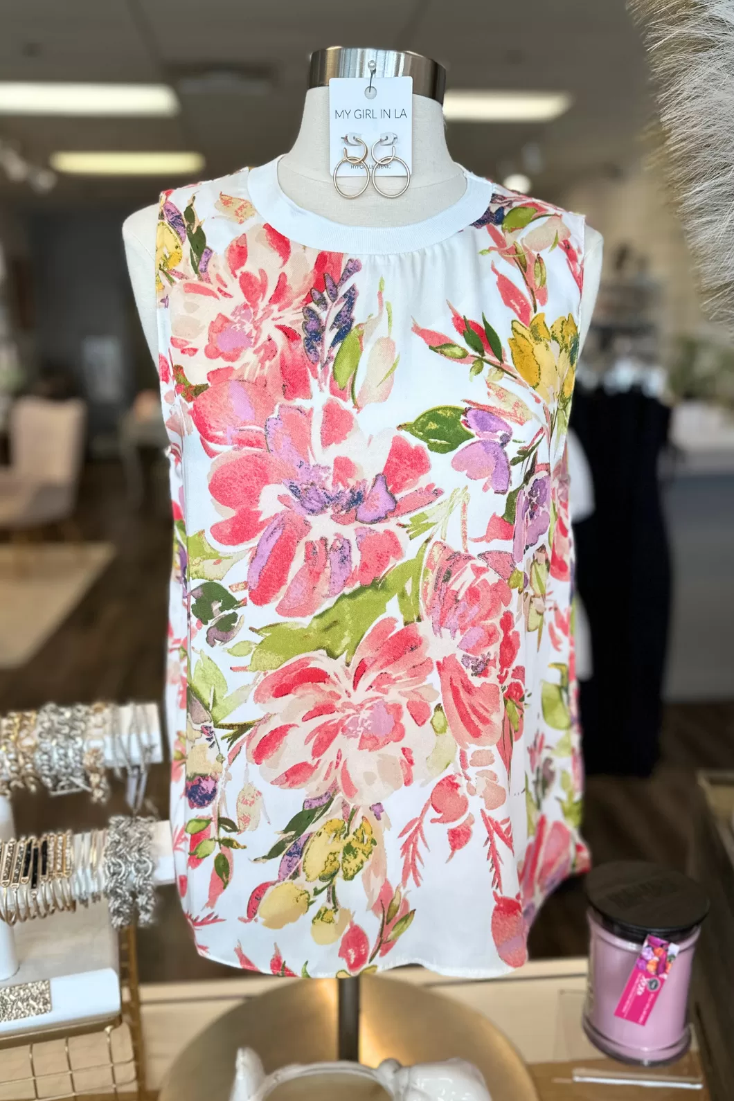 Rib Banded Neck Floral Satin Top