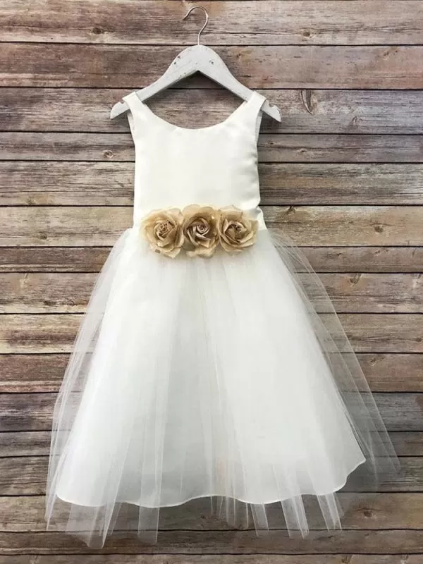 Satin Jewel Neck Sleeveless Flowers Ankle Length Sash Kids Party Dresses