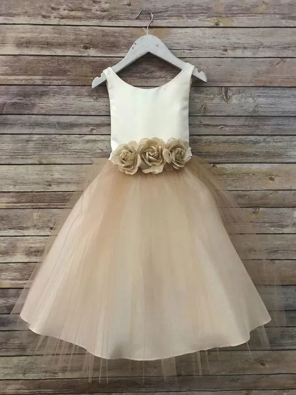 Satin Jewel Neck Sleeveless Flowers Ankle Length Sash Kids Party Dresses