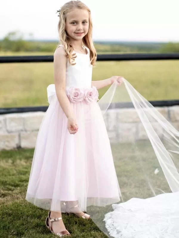 Satin Jewel Neck Sleeveless Flowers Ankle Length Sash Kids Party Dresses