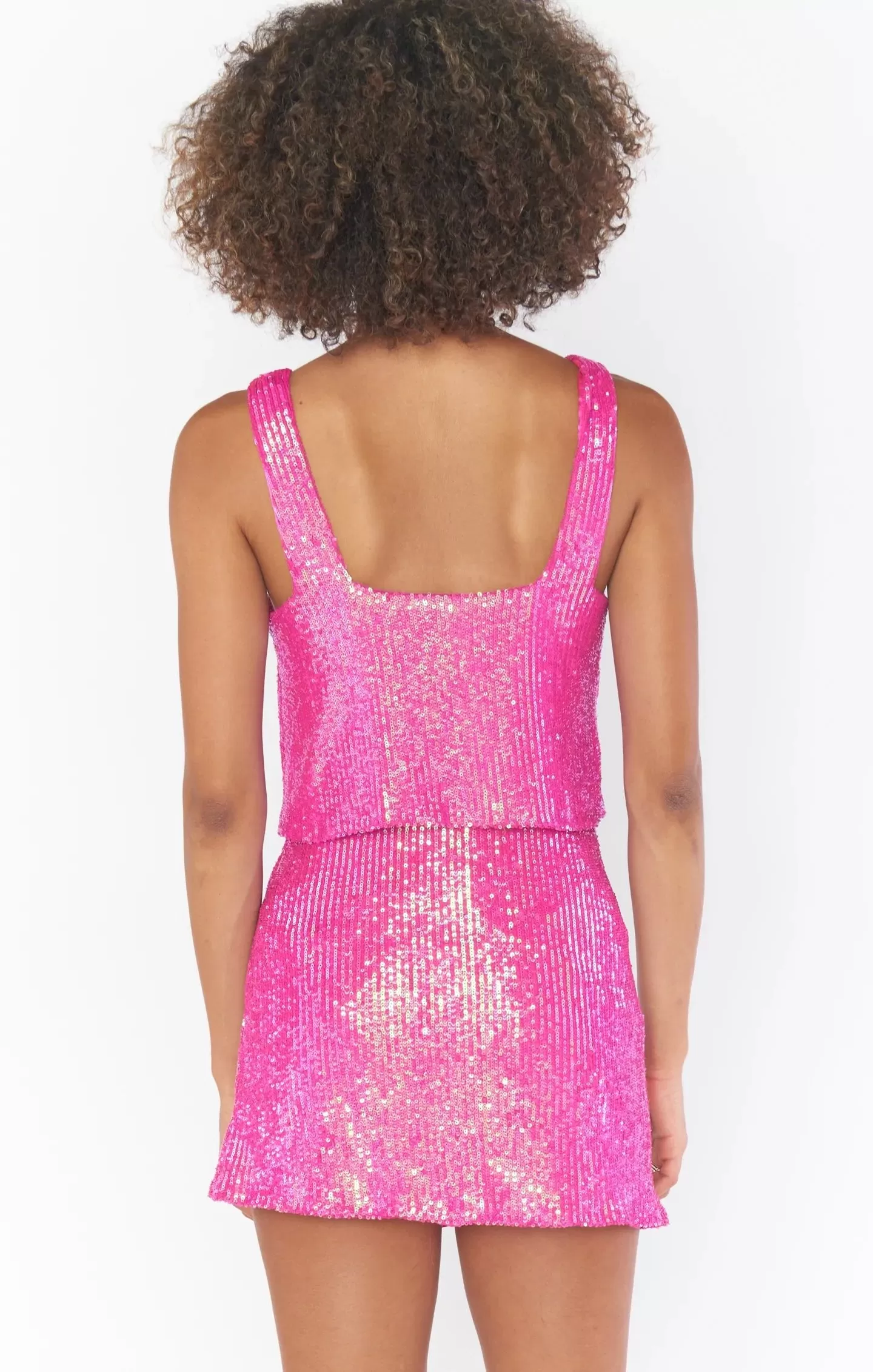 Show Me Your Mumu Tara Crop Top in Pink Disco Sequin as seen on Chloe Meadows