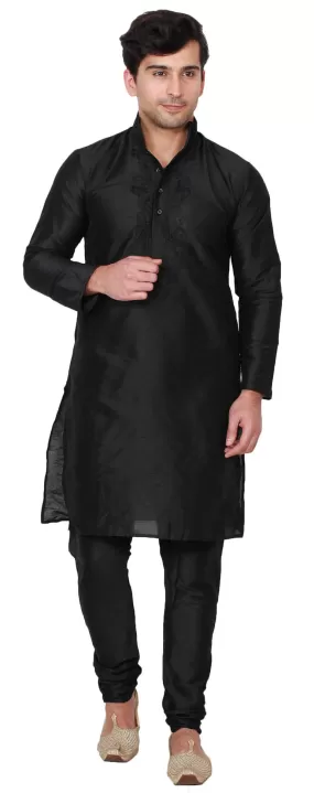 Silk Embroidered Mens Kurta Pajama India Clothing (Black)