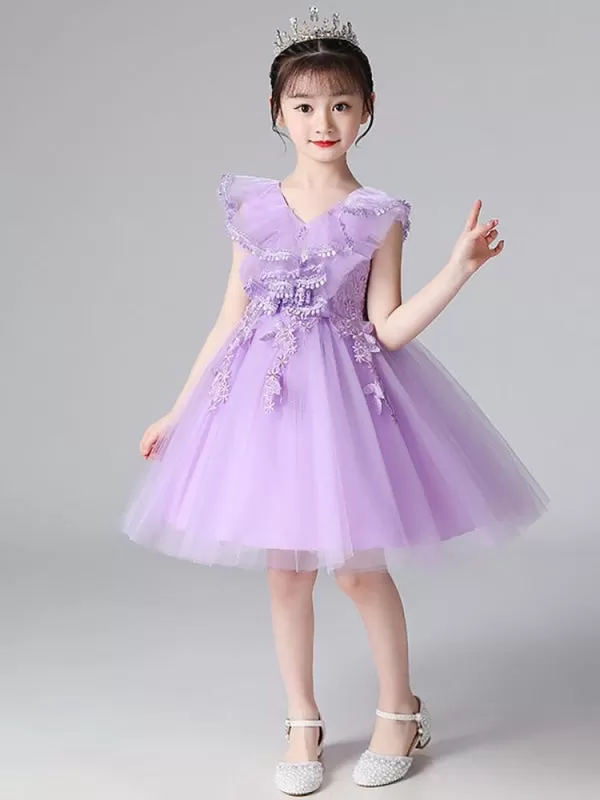 Sky Blue Flower Girl Dresses Tulle Sleeveless Knee-Length A-Line Embroidered Kids Party Dresses