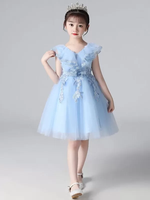 Sky Blue Flower Girl Dresses Tulle Sleeveless Knee-Length A-Line Embroidered Kids Party Dresses