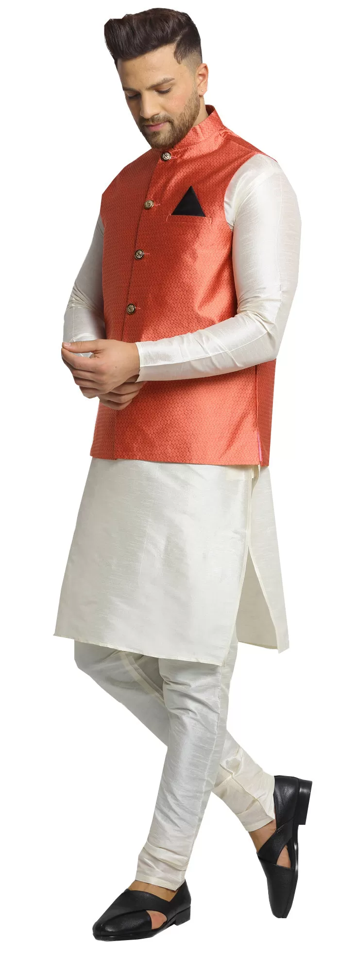 Sleeveless Men's Indian Traditional Nehru Jacket Silk (Peach)