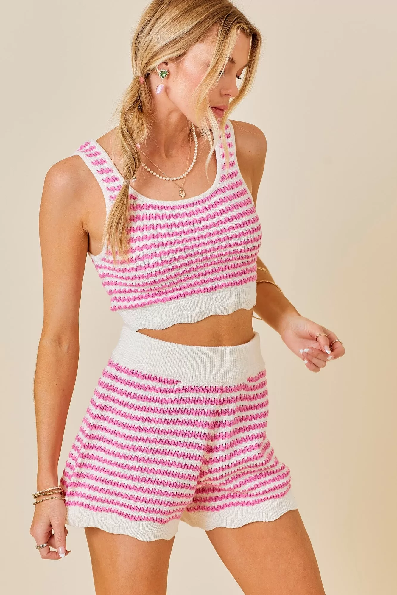 Sleeveless Two Tone Knit Crop Top & Cardigan Set