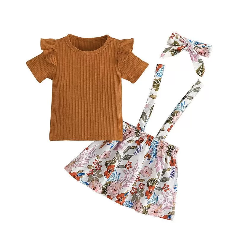 Solid Color T-shirt printed Skirt headband Three-piece Set of 2023 New Printed Belt Skirt Set