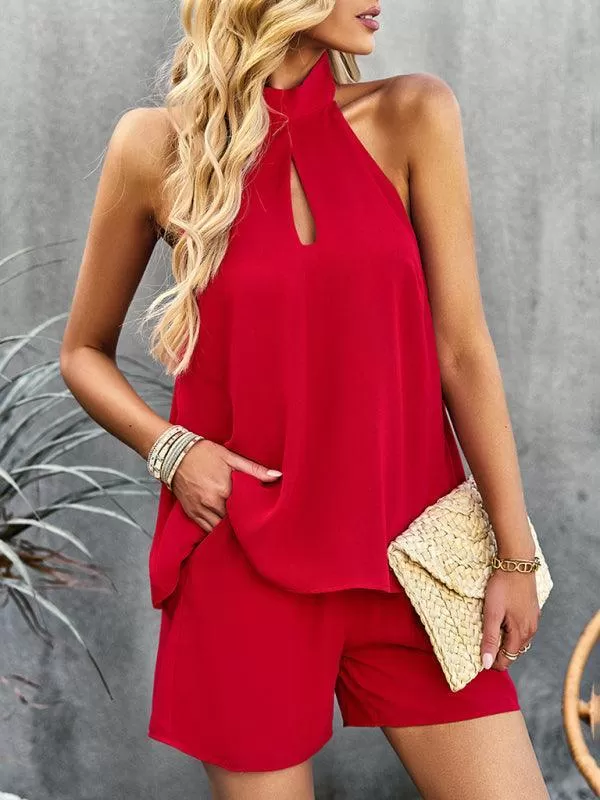 Solid Cutout Mock Halter Neck Women Outfit Set