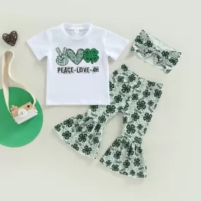 St. Patrick's Day Children's Set 0-4 Year Old Girls' Four Leaf Grass Short Sleeve T-shirt High Waist Flare Pants 3 Pieces