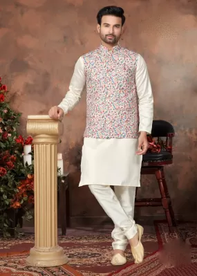 Stunning Multicolor Silk Kurta And Pajama Set With Digital Print And Sequins Work Jacket For Men