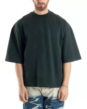 T-shirt Uomo Girocollo Boxy Fit Oversize Cotone Spalla Scesa Gola Alta Casual Basic Verde GIOSAL-TS3026A