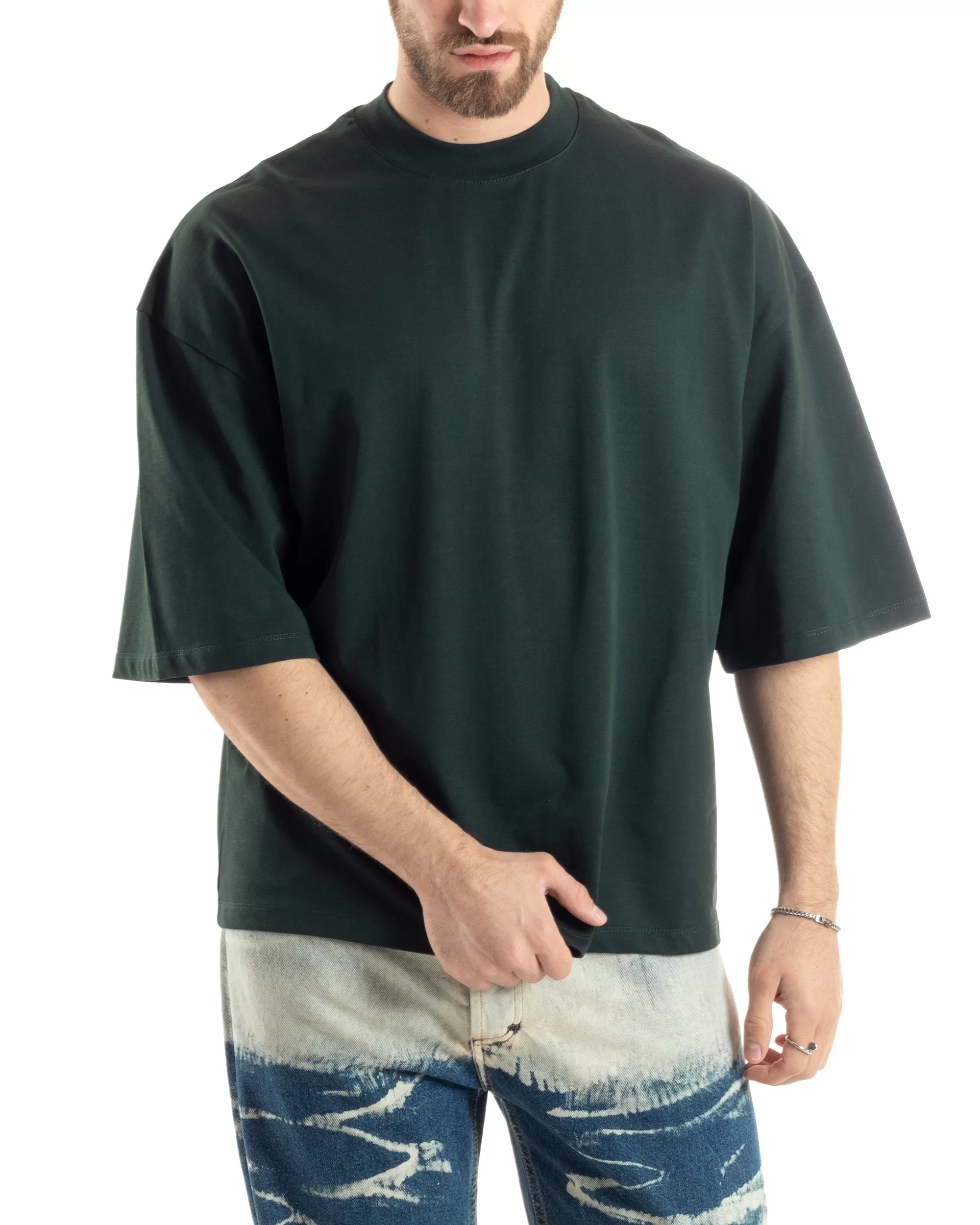 T-shirt Uomo Girocollo Boxy Fit Oversize Cotone Spalla Scesa Gola Alta Casual Basic Verde GIOSAL-TS3026A